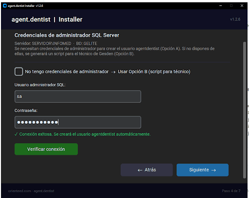 Paso 6: Credenciales de administrador SQL